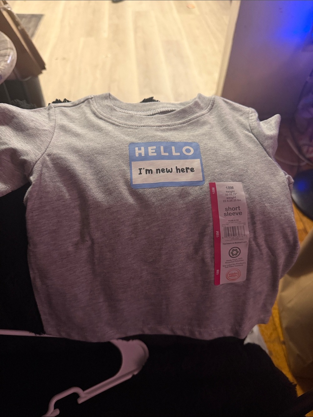 wonder nation Grey Short Sleeve Tee with Blue "HELLO I'm new here" Graphic